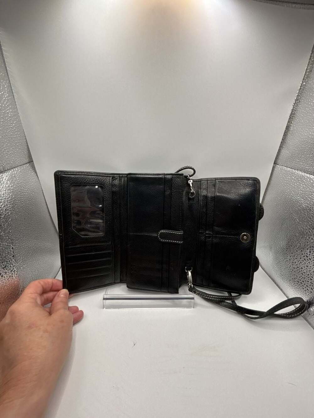 Brighton Black Pebbled Leather Organizer Wallet with Buckle Accents and Strap - Picture 3 of 7